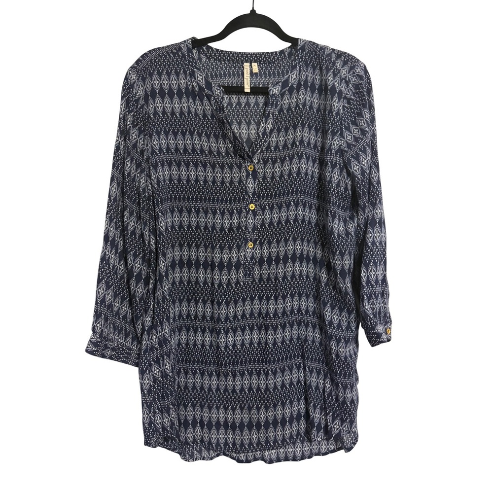 Grand & Greene Tunic Blouse Boho Navy Blue Geometric Diamond Print M Boho Chic
